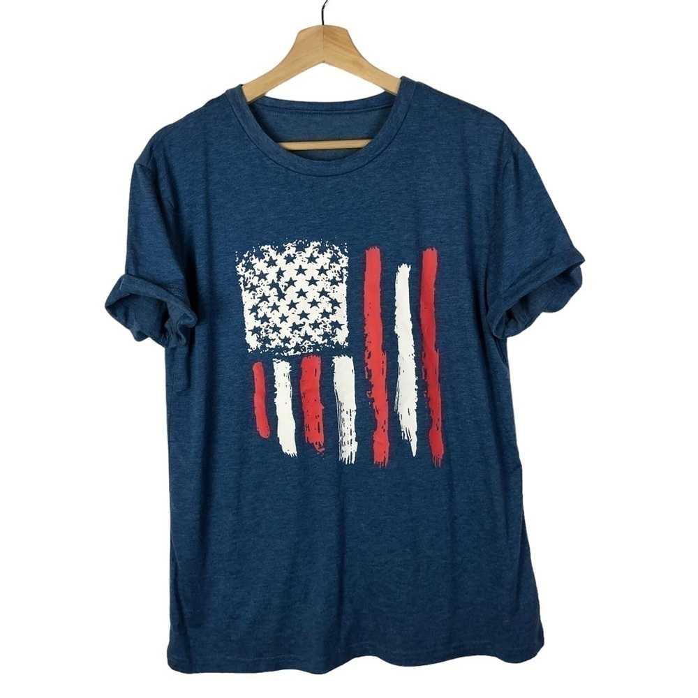 Boutique Blue USA American Flag Rolled Short Sleeve T-Shirt L‎